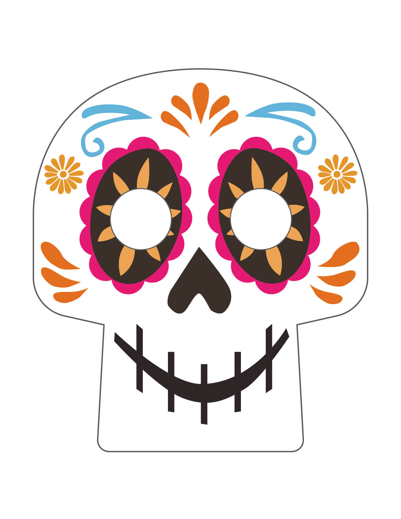Colorful Day of the Dead sugar skull illustration with floral patterns, perfect for Halloween décor or Tokyo Disney Resort fans.