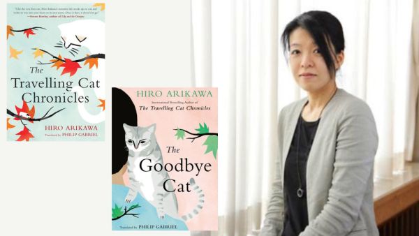 An image of Hiro Arikawa with the covers of her books The Travelling Cat Chronicles and The Goodbye Cat 