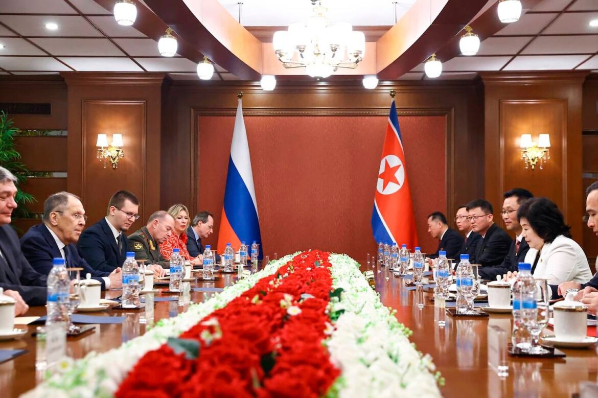 Russia warns US, South Korea and Japan against forming security alliance targeting North Korea In this photo released by Russian Foreign Ministry Press Service, Russian Foreign Minister Sergey Lavrov (second left) and North Korean Foreign Minister Choe Son Hui (second right) attended talks in Wonsan, North Korea, on Saturday.