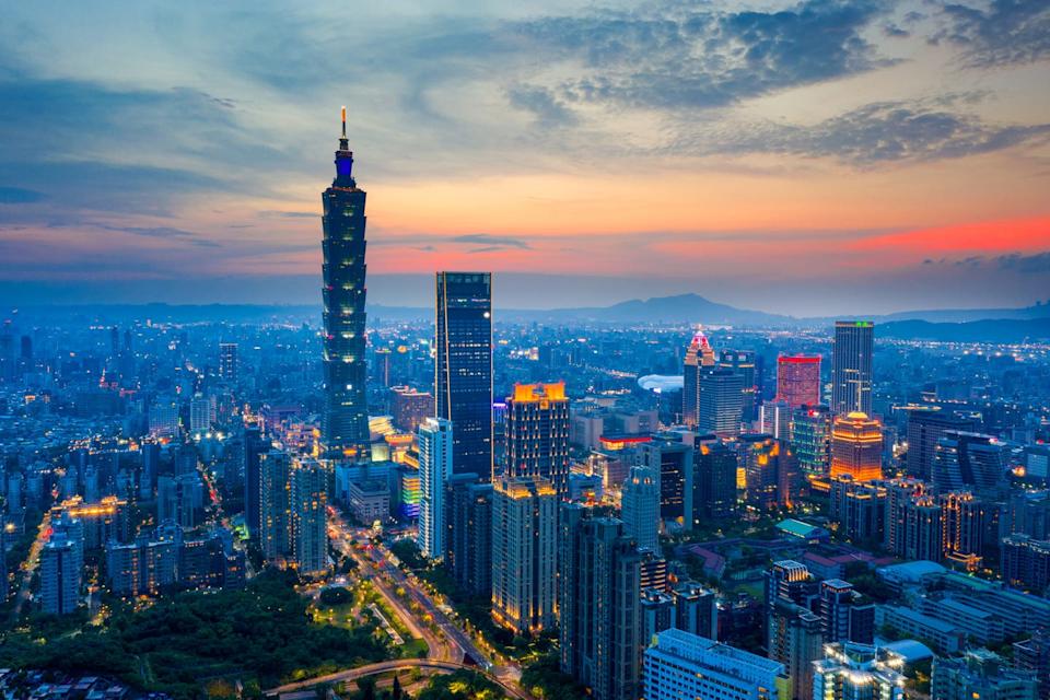 aerial view of tai pei 101 building at night.