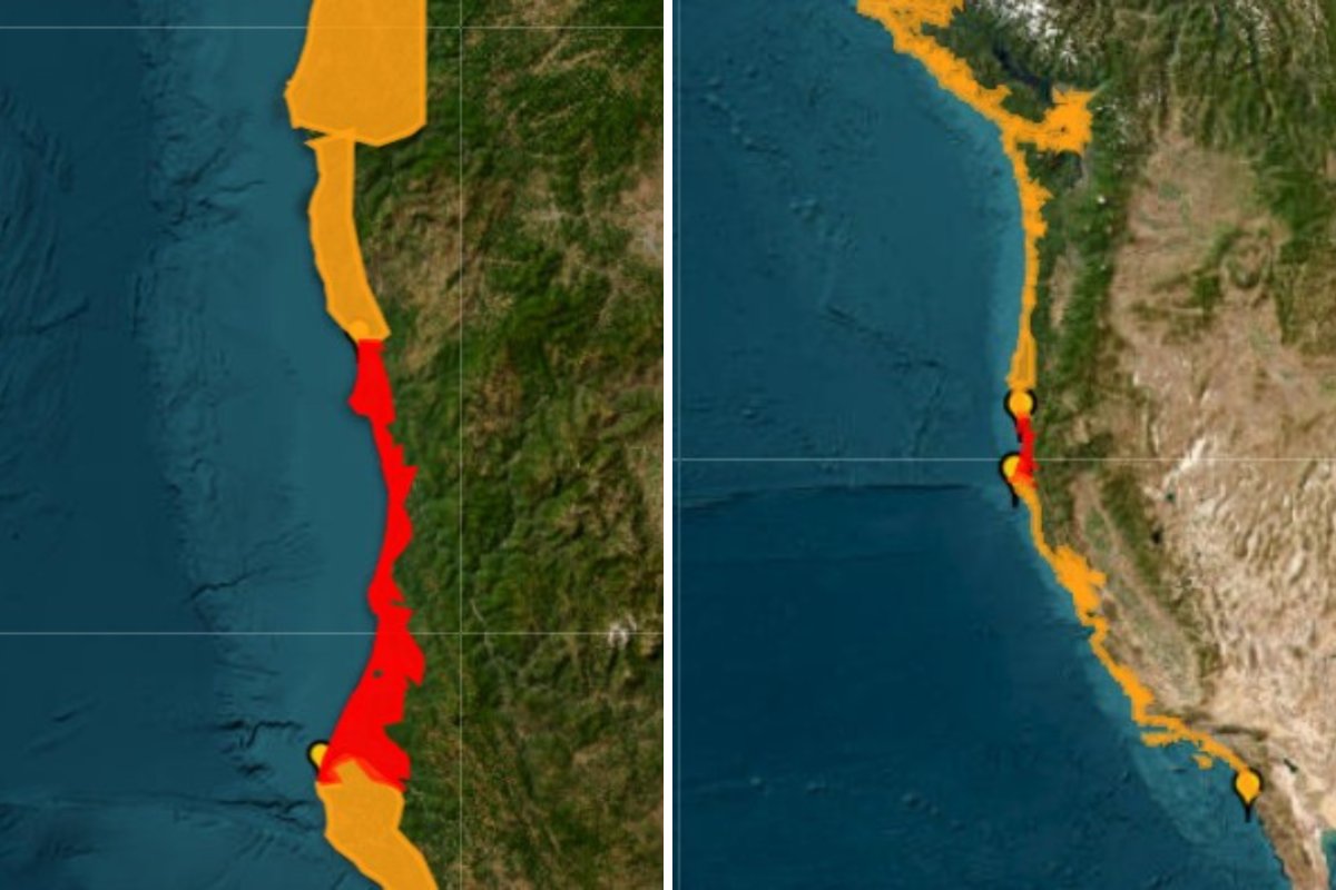 The coastline of California under tsunami warning.