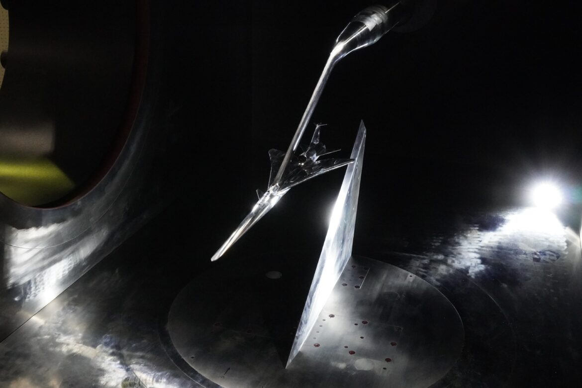 X-59 Model Tested in Japanese Supersonic Wind Tunnel X-59 scaled model inside the JAXA supersonic wind tunnel.