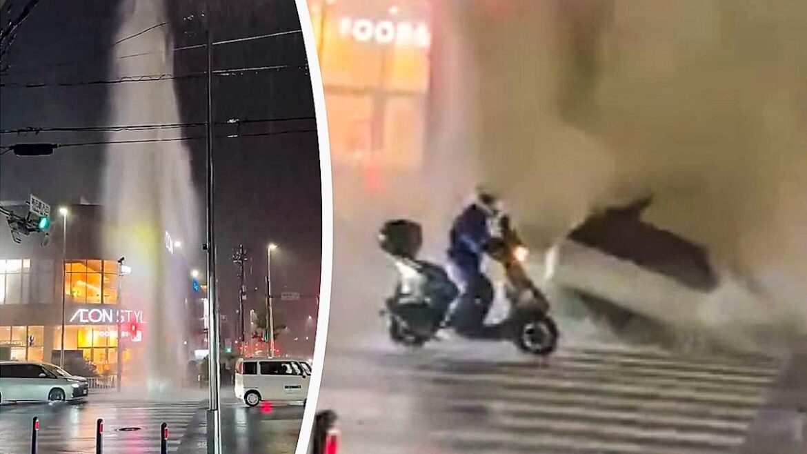 Fountain of water shoots out of sewer after heavy rainfall in Tokyo
