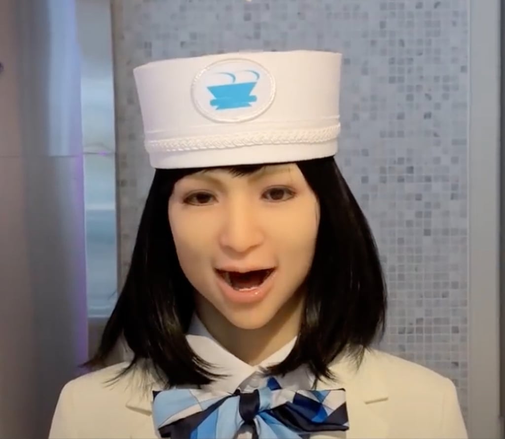 One of the robots that greets visitors arriving at the hotel’s reception desk. Photo: group.hennnahotel
