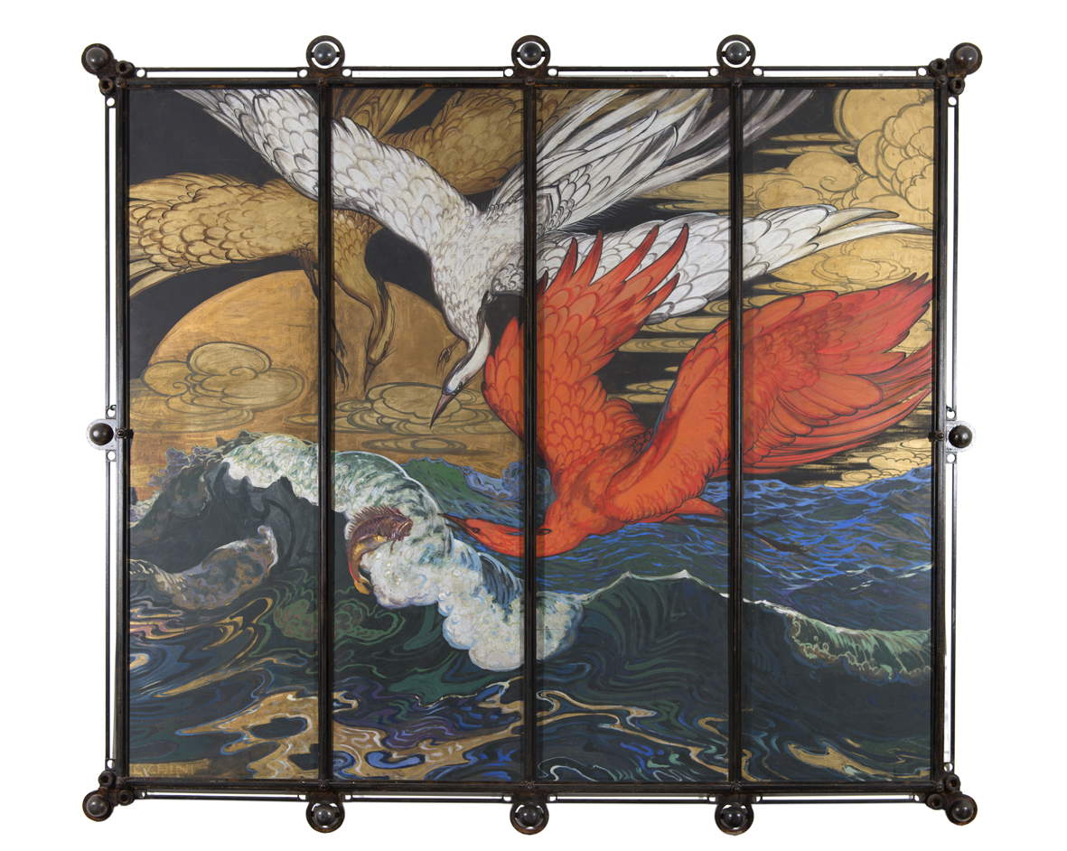 Galileo Chini, Waves, damsels of Numidia and scorpionfish (ca. 1910-1915; four-panel screen, oil on panel, 200 x 240 cm; Pisa, Palazzo Blu)