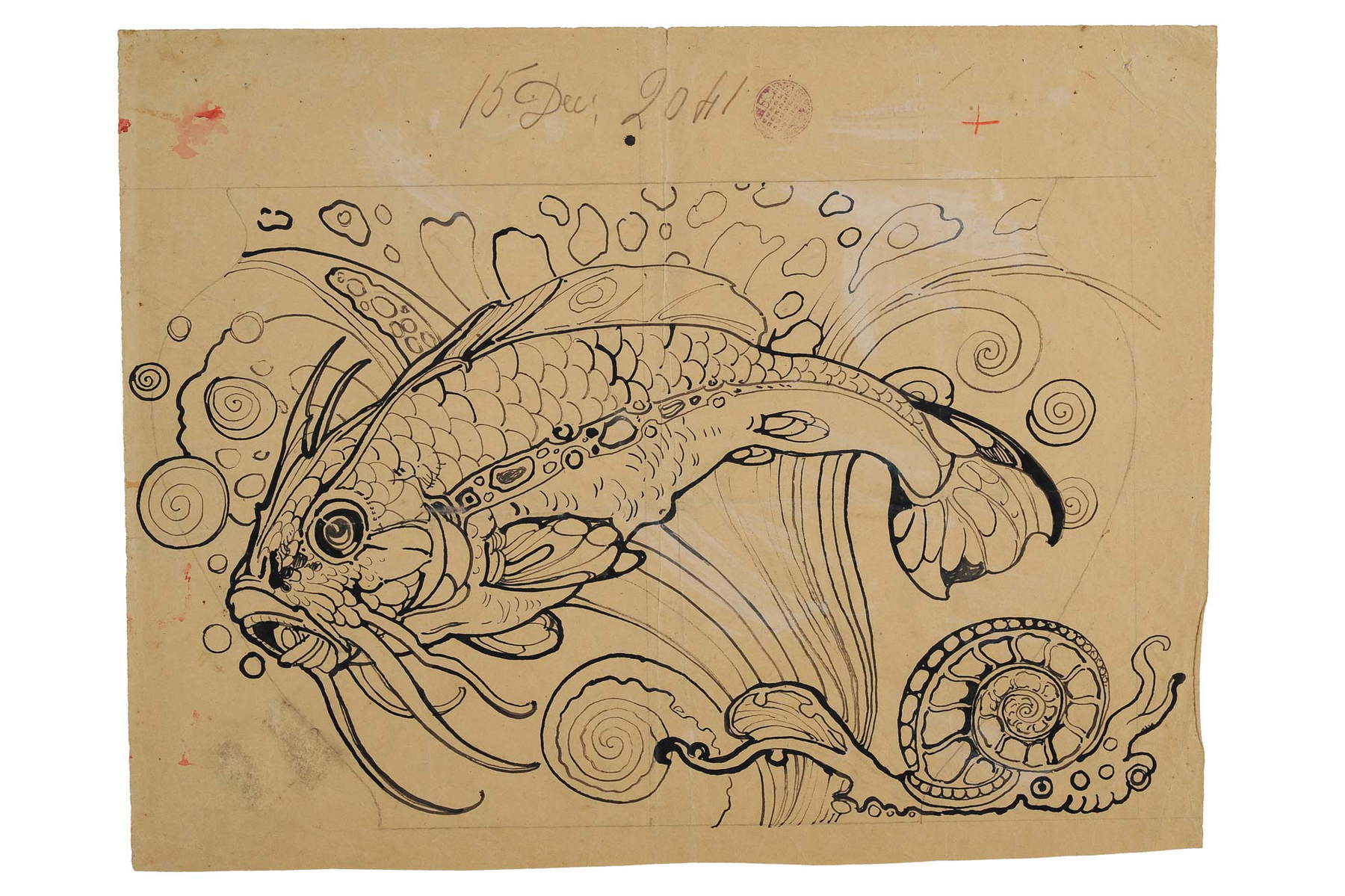 Galileo Chini, Study for decoration with catfish (c. 1906 - 1912, ink on paper, Private Collection)