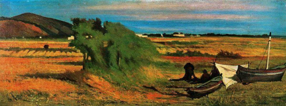 Giovanni Fattori, Rappezzatori di reti a Castiglioncello (1875; oil on canvas, 23.5 x 62 cm; Private collection)
