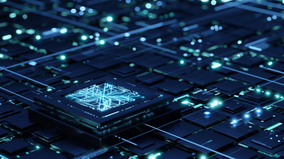 Futuristic central processor unit on the abstract motherboard with blue lights and rays as symbol of data transfers. Quantum computing.