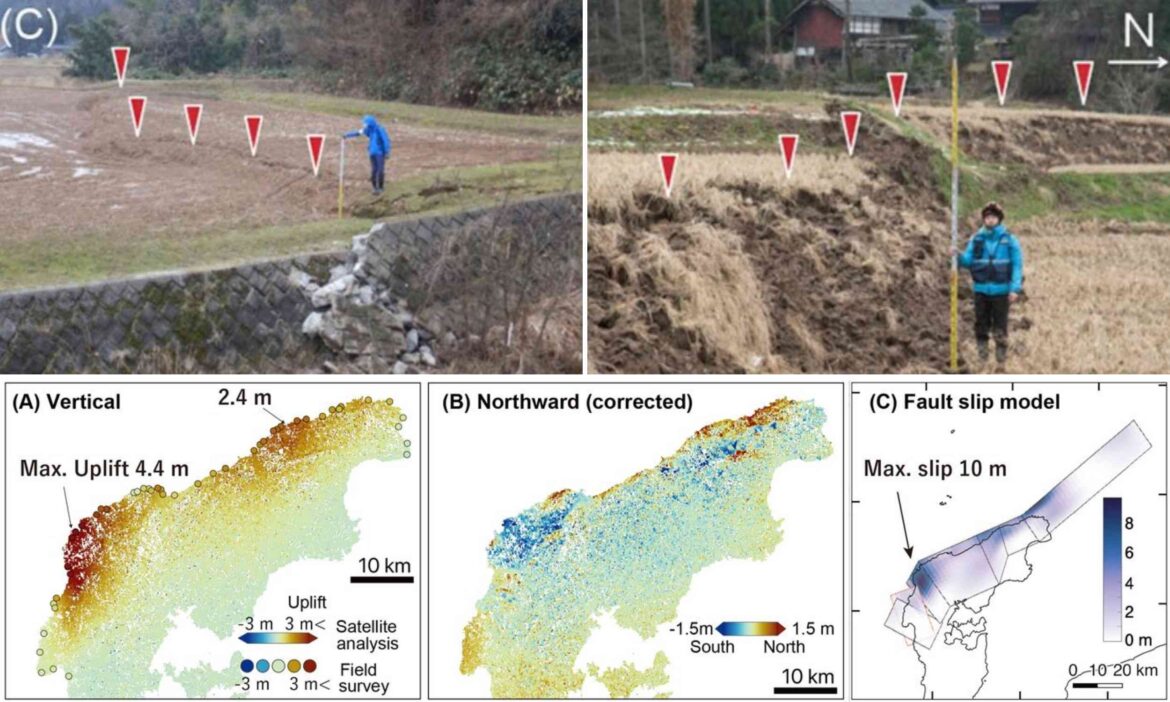 Spatial distribution of onshore vertical displacement. a Displacement obtained by SAR pixel offset analysis (Fukushima et al. 2024). The triangles and the circle indicate the seismic stations and the mainshock epicenter, respectively. Photos from the Kaiso fishing port with uplift of ~ 4 m (b) and Wajima port with ~ 1.5 m (c). Credit: University of Tokyo