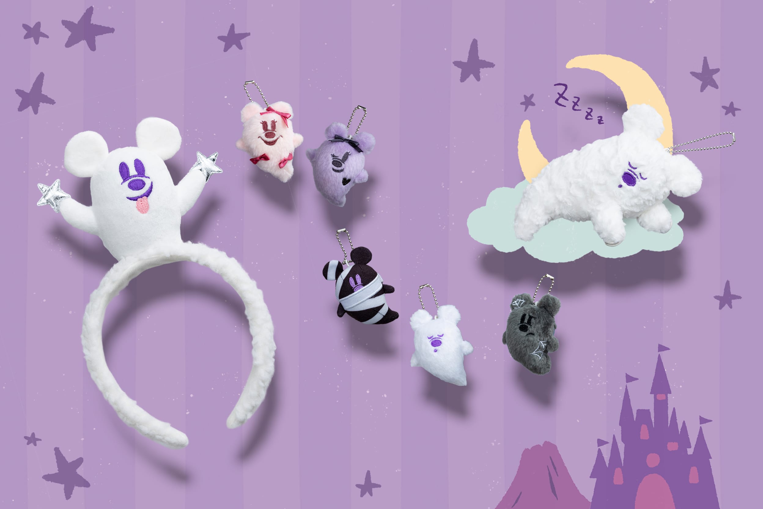 Assorted plush keychains, a fluffy headband, and a plush dog on a cloud—all Tokyo Disney Resort Halloween themed.