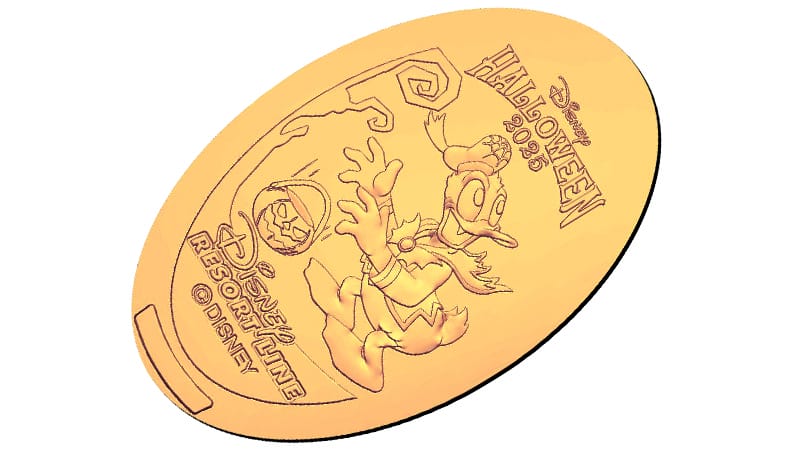 A gold coin featuring Donald Duck in a Halloween costume and pumpkin for Tokyo Disney Resort Halloween 2023.