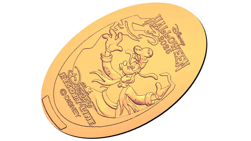 A pressed coin featuring Goofy in a Halloween costume, labeled "Tokyo Disney Resort Halloween 2023.