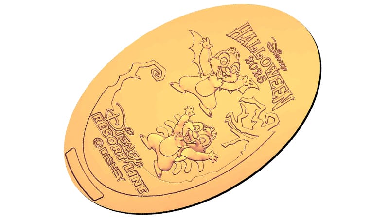 A pressed coin featuring Chip and Dale in Halloween costumes at Tokyo Disney Resort, with "Halloween 2023" and Disney logos.