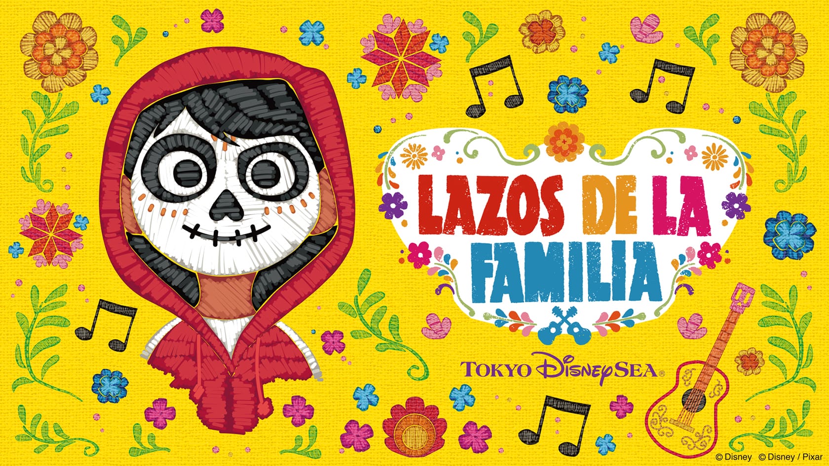 Illustration of a boy in a red hoodie with face paint, Halloween vibes, flowers, music notes, and Tokyo Disney Resort text.