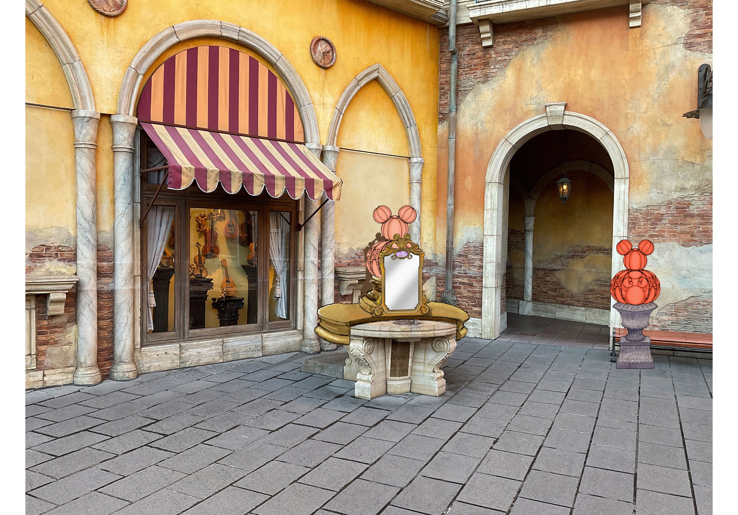 A quaint outdoor scene at Tokyo Disney Resort with striped awnings and whimsical mouse-eared Halloween 2025 decorations.
