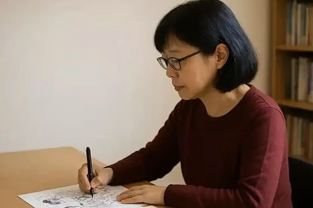 Person placing a Japanese comic book on a shelf.