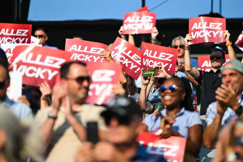 Fans show their support for Mboko during Wednesday's Canadian Open semifinal.