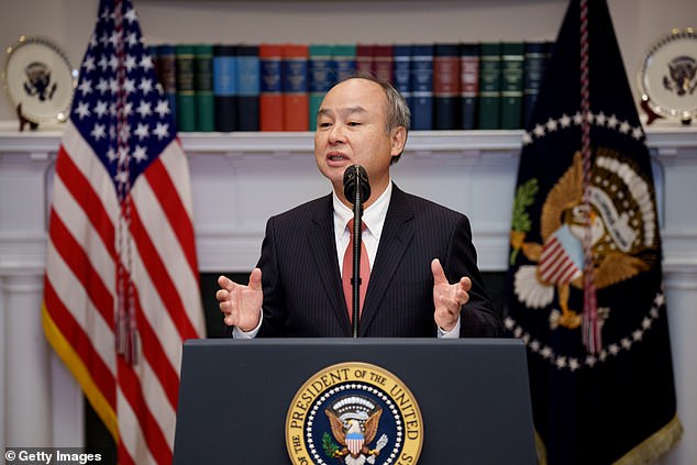The deal makes SoftBank one of Intel¿s largest investors and underscores CEO Masayoshi Son¿s growing push into semiconductors and AI. Here he is pictured speaking at the White House after a meeting with Trump in January