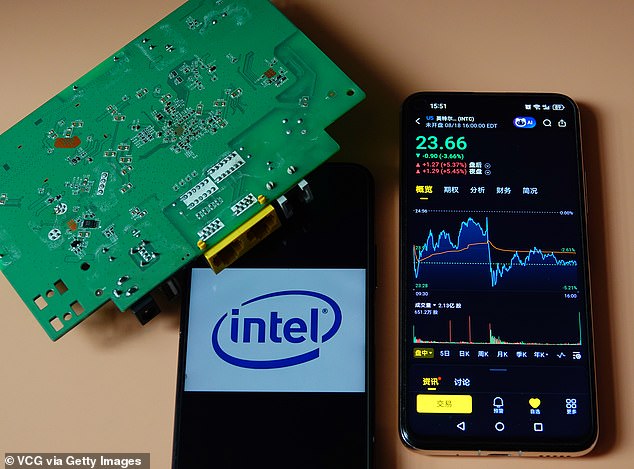 In this this photo illustration, the Intel logo and its stock price are displayed on mobile phone screens as a chip is pictured next to it on August 19.  Intel shares have jumped after Japanese technology investment giant Softbank said it is buying a $2bn stake in the US computer chip make