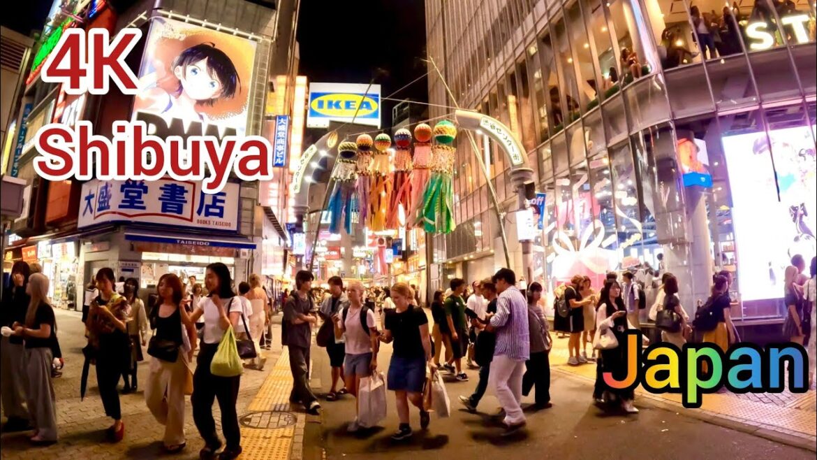 4K Shibuya Summer Festival Night View. Scramble Crossing Night Walk. Tokyo, Japan.