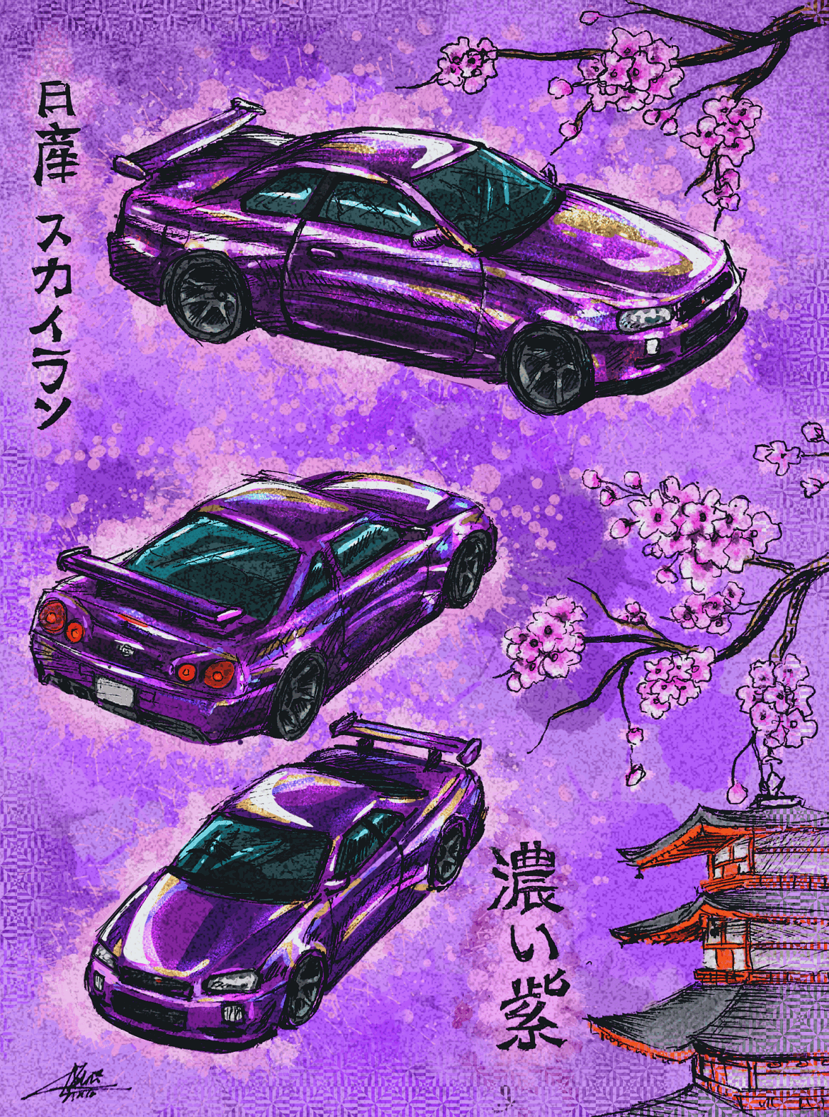 Made this artwork of a midnight purple skyline gtr r34. The only reference I used was a diecast car.