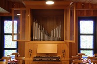 One of the music halls, enveloped in the warmth of wood, offers the enjoyment of pipe organ music, as seen at the Matsumoto Memorial Music Guest House in Tokyo's Setagaya Ward, April 17, 2023. (Mainichi/Akihiro Ogomori)