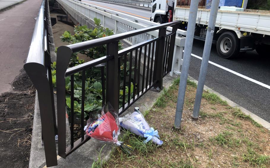 Flowers marking the spot of a fatal motorcycle crash.