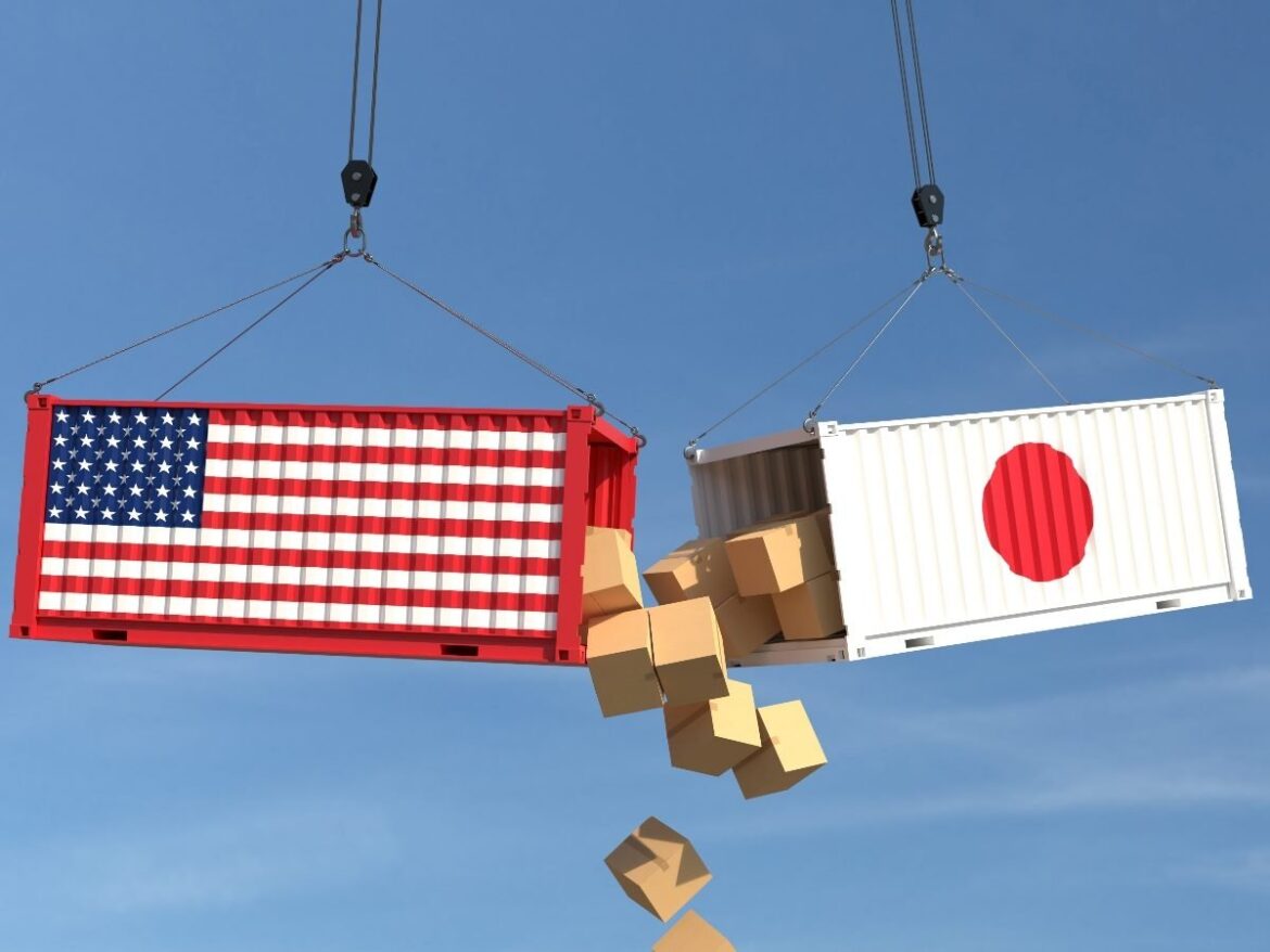 Illustration of shipping containers with the U.S. and Japanese flags colliding in midair, with boxes spilling out of the Japanese container.