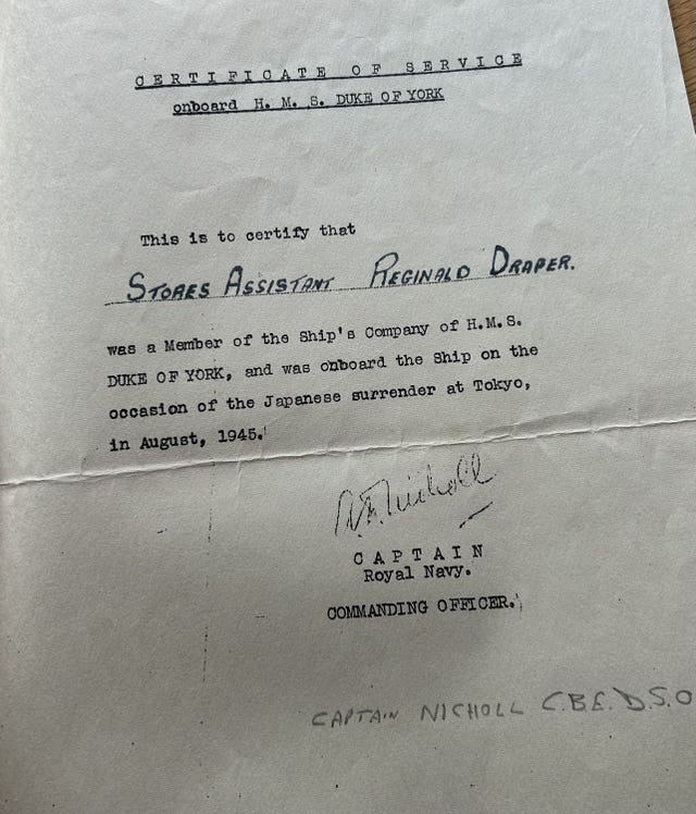 Reg Draper’s certificate of service, confirming his presence as a member of the company on board HMS Duke of York during the Japanese surrender at Tokyo