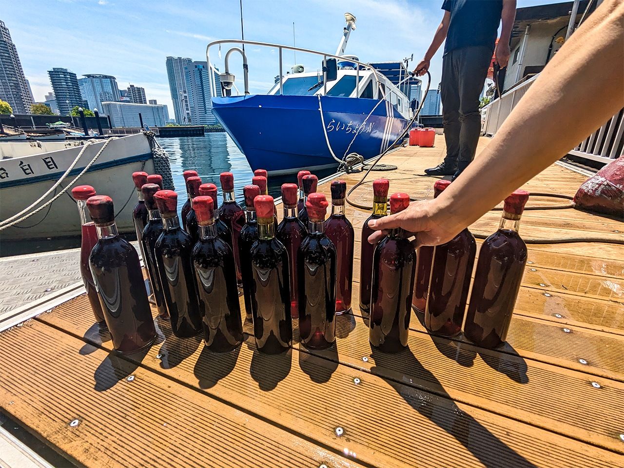 Sea-aged wine brought up from a section of the bay used by Tokyo University of Marine Science and Technology. (Courtesy Fukagawa Winery Tokyo)