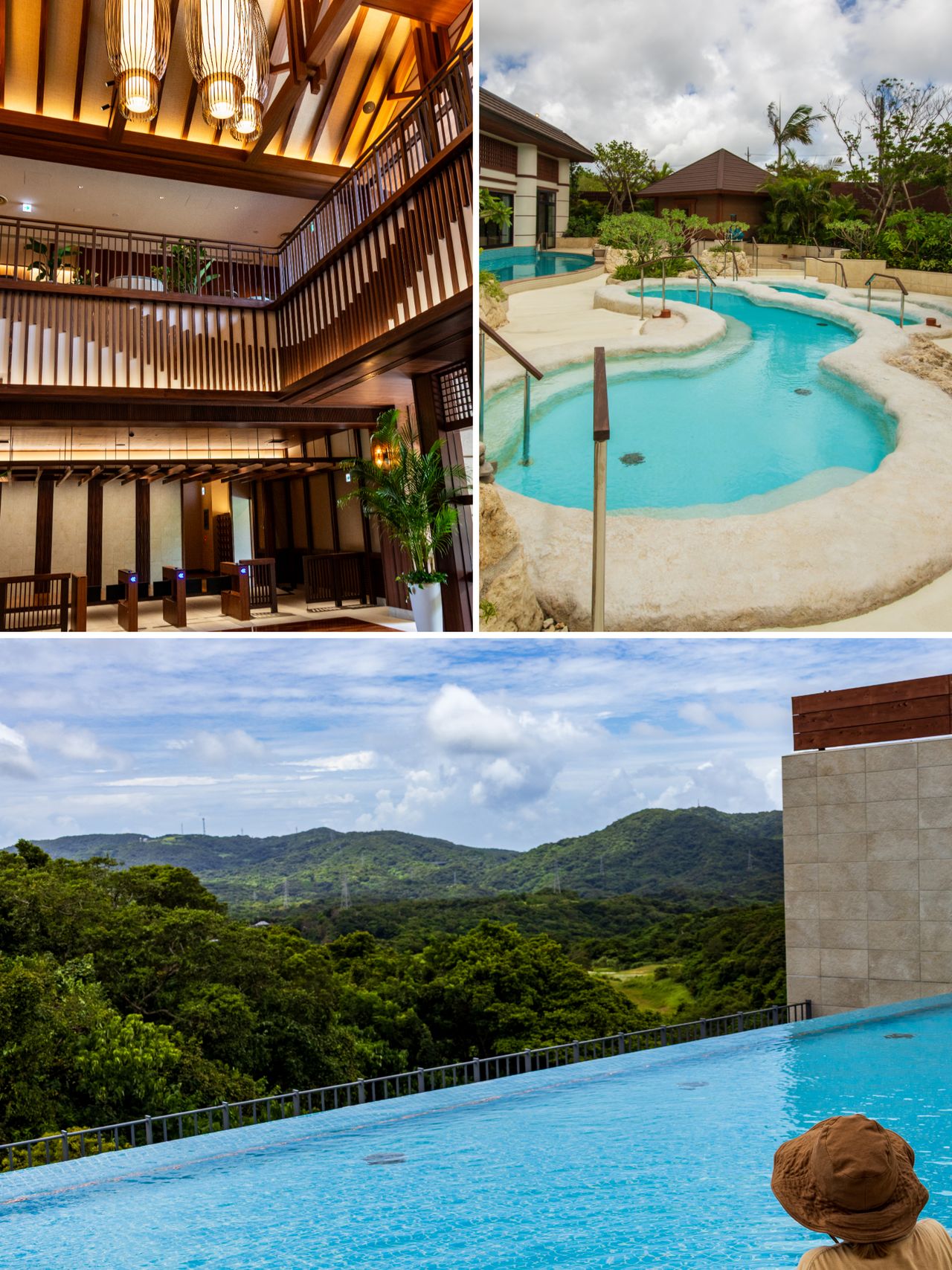 Clockwise from top left: A stylish welcome hall, a tropical outdoor bath, one of the world’s largest infinity baths. (© Nippon.com)