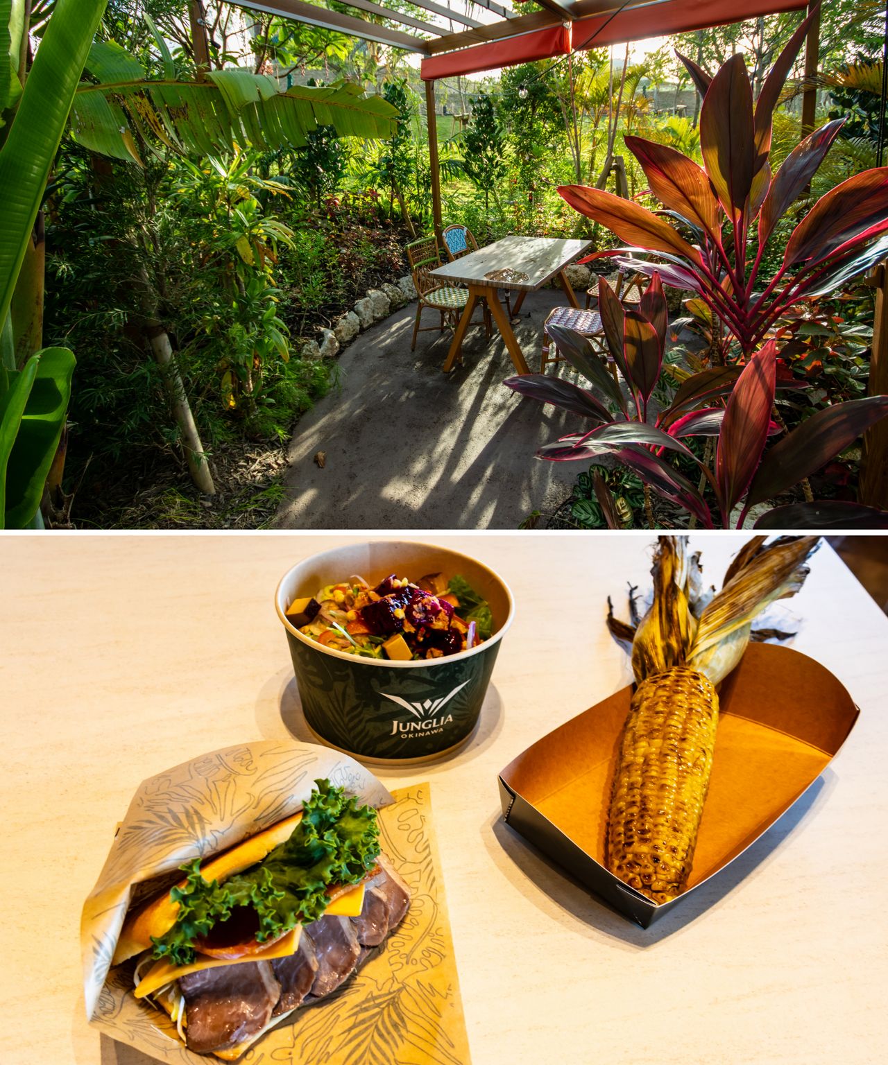   The open-air restaurant Wild Banquet (top); menu items from the food carts. (© Nippon.com)