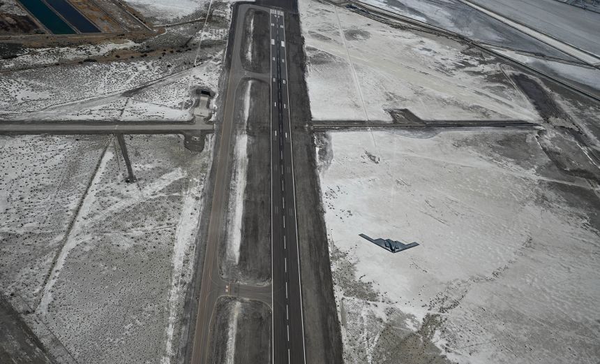 A US Air Force B-2 Spirit stealth bomber flies over the histori Wendover Air Field, Utah, May 10, 2022. Wendover Airfield, also known as Wendover Air Force Base, was the initial training range for the 509th Composite Group. (U.S. Air Force photo by Airman 1st Class Victoria Hommel)