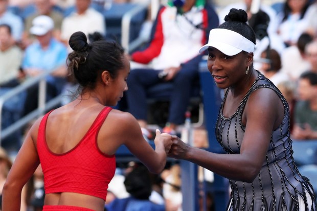 Venus Williams, of the United States, and Leylah Fernandez, of...