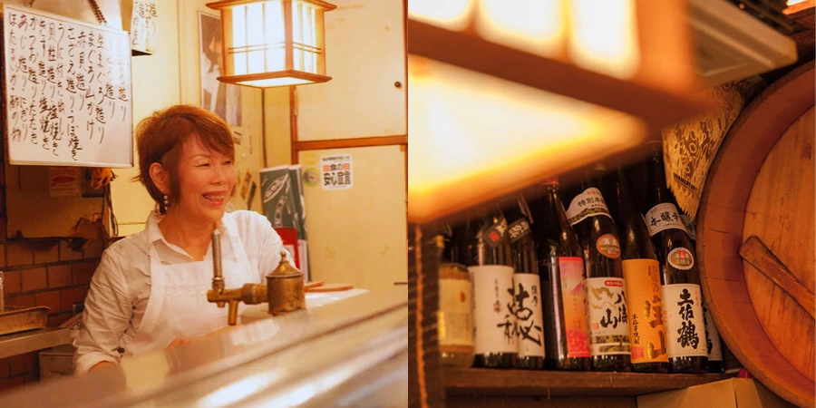 a picture of the owner at aka no Ren in Osaka along with a shot of Japanese sake and alcohol bottles above the bar