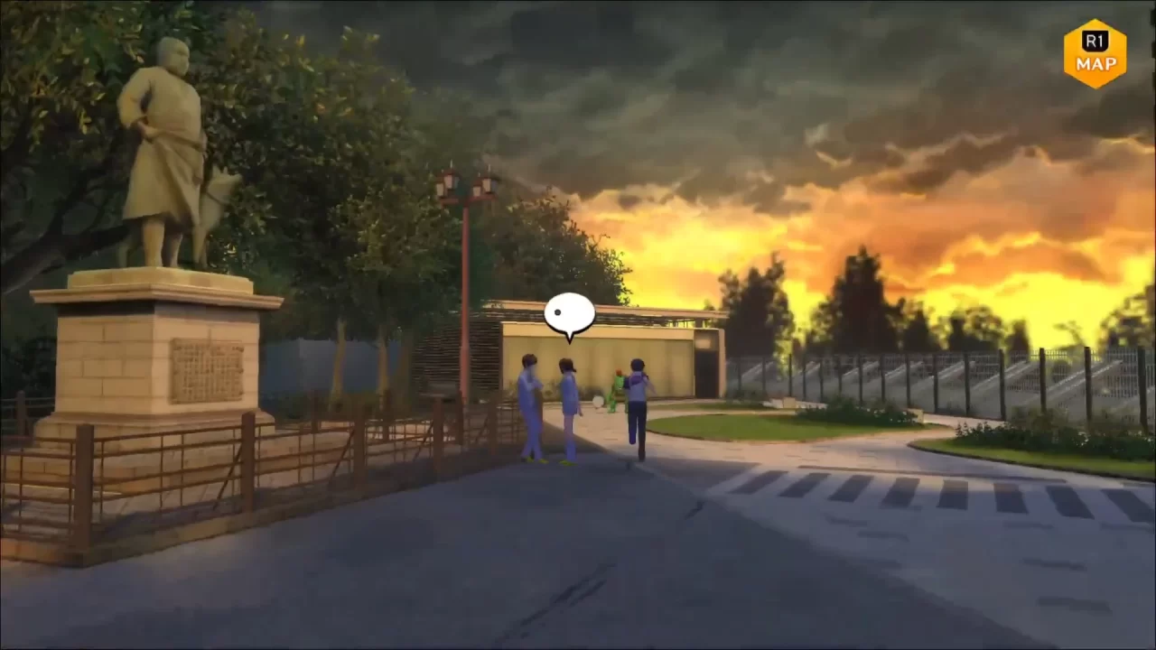 Screenshot of Ueno Park in Digimon Story: Cyber Sleuth - Hacker's Memory. The statue of Saigō Takamori stands over the player character. 