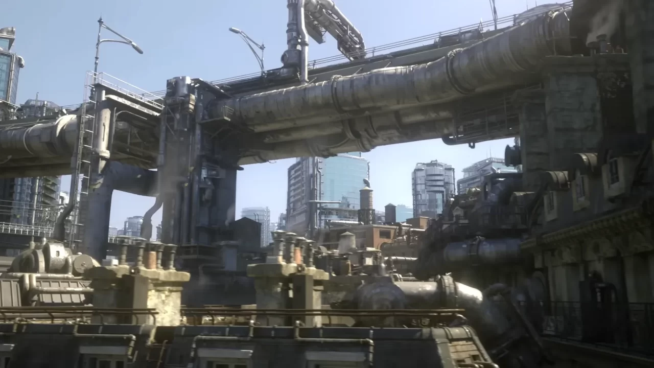 Another screenshot from the announcement trailer of Final Fantasy VII Remake, showing a cyberpunk overpass road over a mechanized city. 