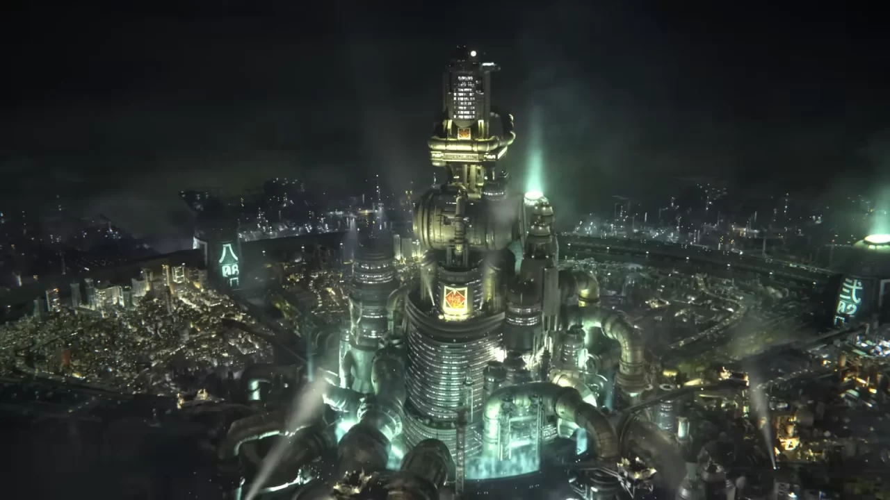 Screenshot of the city of Midgar as seen in the Final Fantasy VII Remake announcement trailer. Green lights pour from the streets and hazy green smoke rises from the mechanized buildings. 