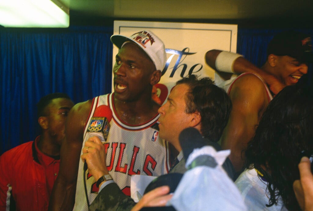 Michael Jordan speaks to the media after game six of the 1992 NBA Finals