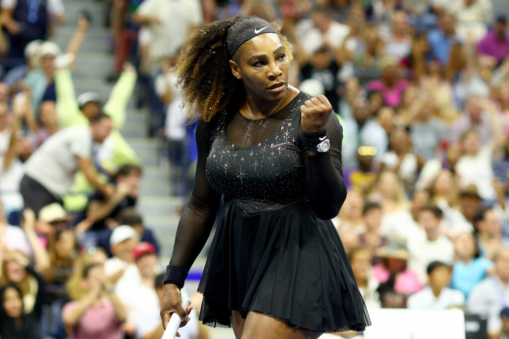 Serena Williams of the United States reacts to a point against Danka Kovinic of Montenegro during the Women's Singles First Round on Day One of the 2022 US Open at USTA Billie Jean King National Tennis Center on August 29, 2022 in the Flushing neighborhood of the Queens borough of New York City.