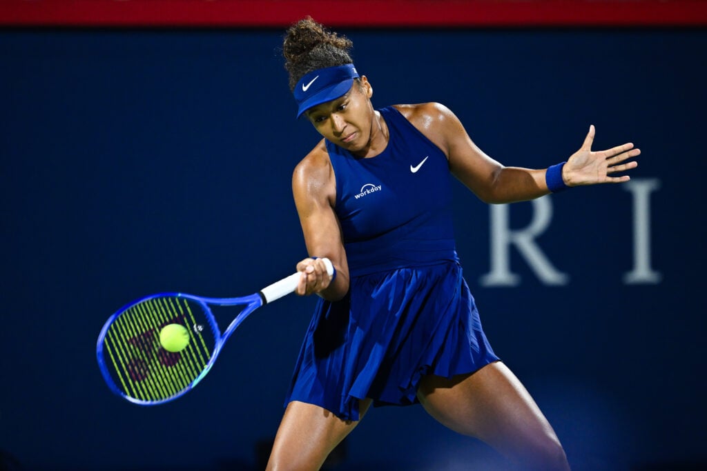 Naomi Osaka hits a forehand at the 2025 WTA 1000 National Bank Open presented by Rogers
