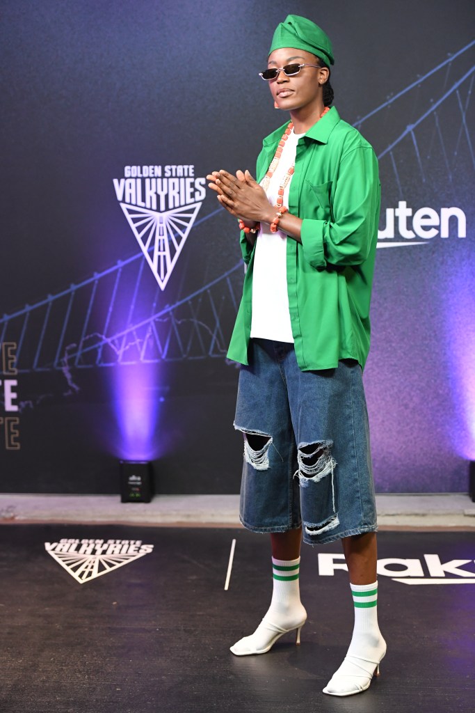 Temi Fagbenle wearing a green pregame outfit