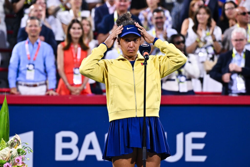 Naomi Osaka looks emotional during her post-match speech in Montreal