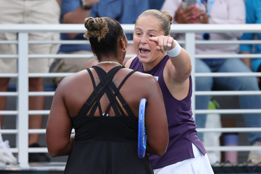 Jelena Ostapenko points at Taylor Townsend