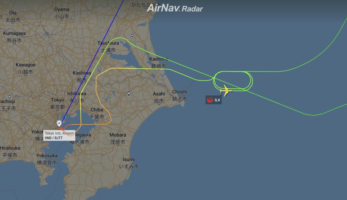 Japan Airlines JL4 to New York JFK just returned to Tokyo Japan Airlines JL4 to New York JFK just returned to Tokyo