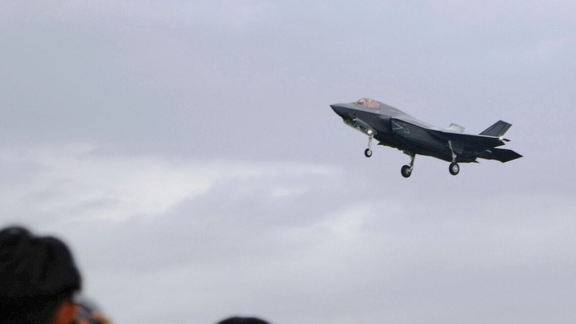 One of Japan's first three F-35B stealth fighter jets makes a landing after they arrived at the Nyutabaru Air Base of the Air Self-Defense Force in Shintomi, southern Japan, Thursday, Aug. 7, 2025. (Kyodo News via AP)
