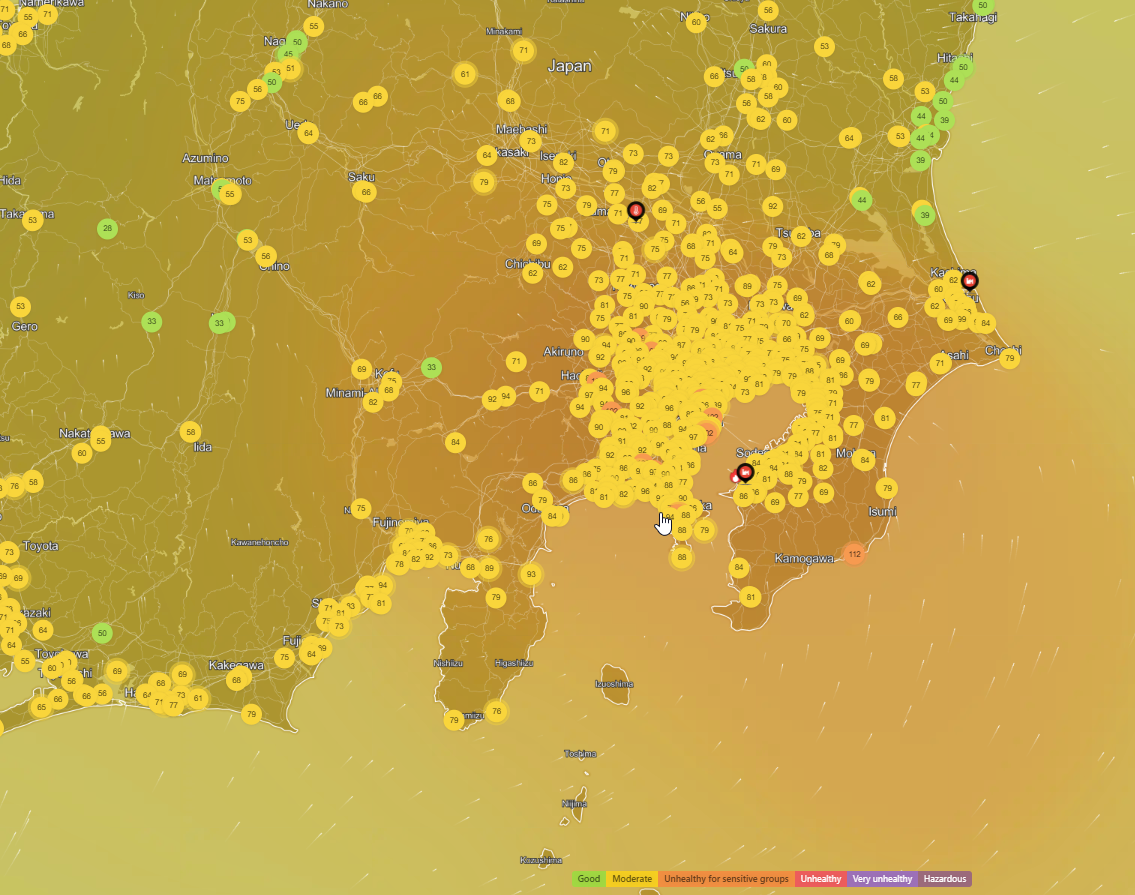 Map of air quality in Tokyo region