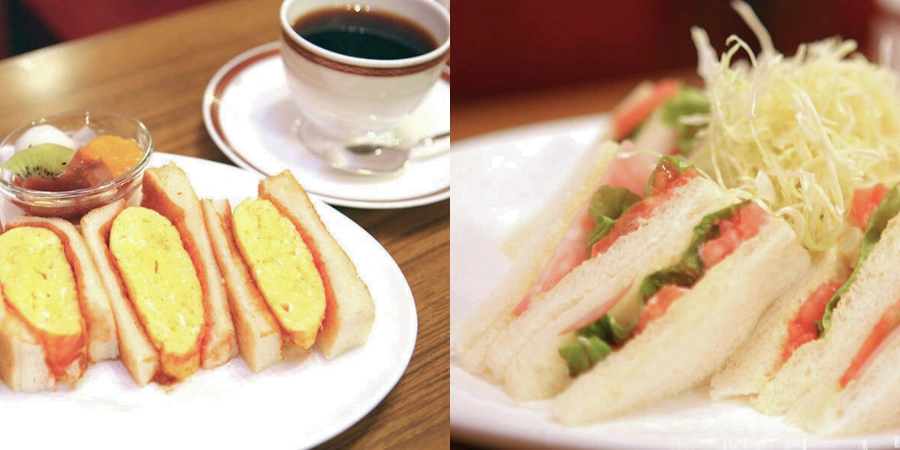 Omelette sandwich and black coffeee and veggie sandwich with the crusts cut off at New YC (ニューＹＣ) - Omelette and Veggie Sandwiches in Osaka