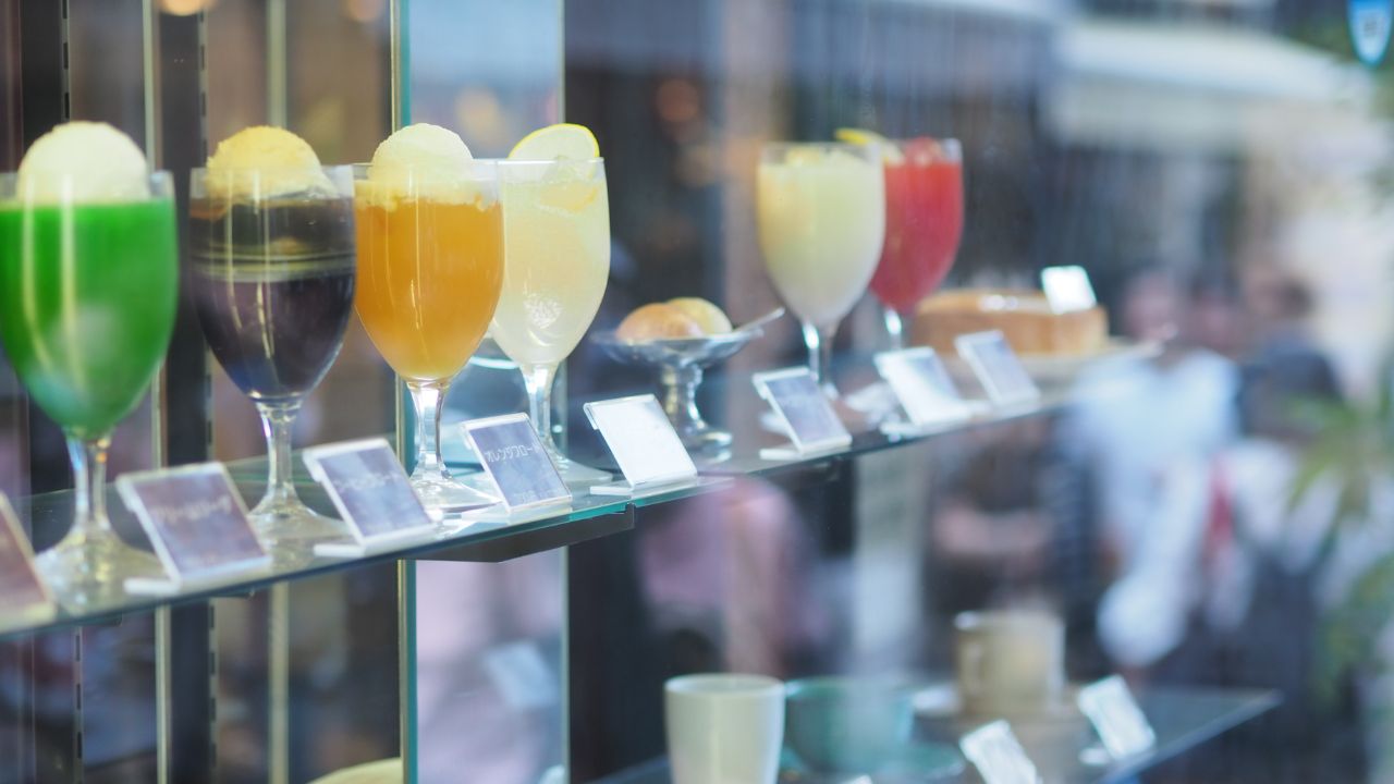 A variety of soda float replicas on display in Japan