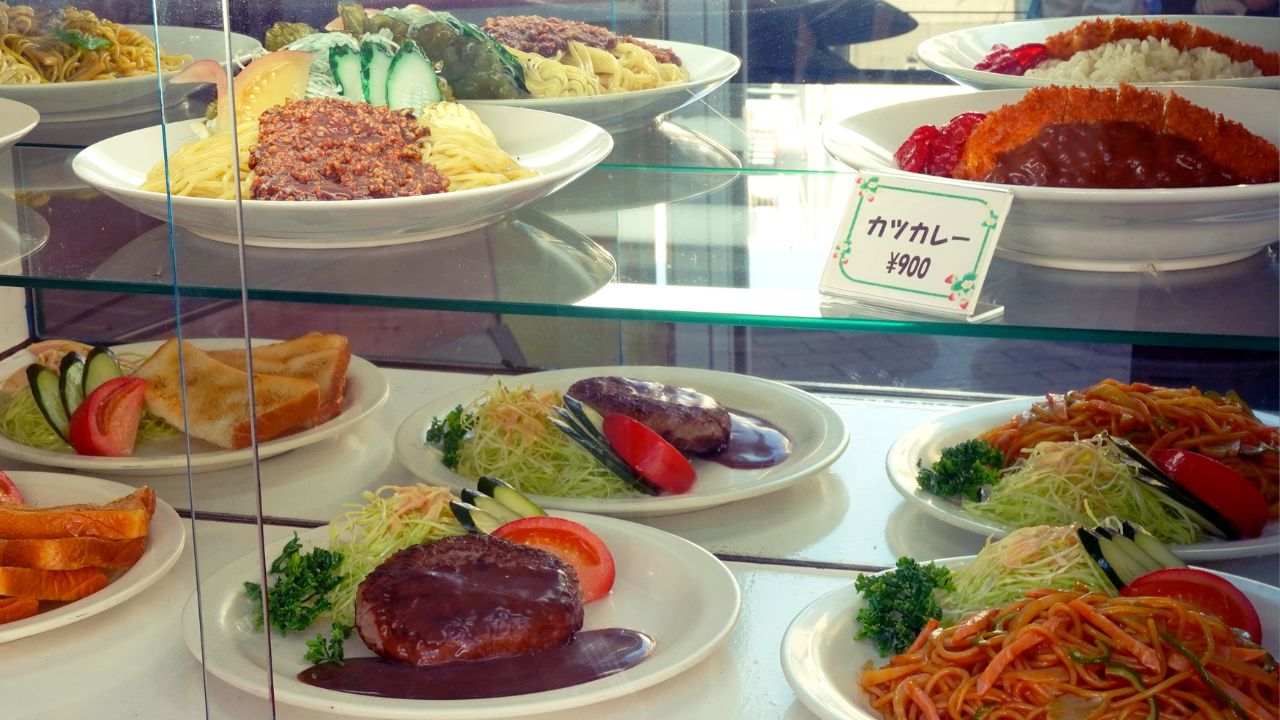 A variety of western-style food replicas, such as katsu (cutlet) curry and hamburg (hamburger patty) steak, in Japan